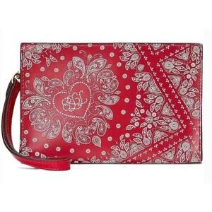 LAUREN Ralph Lauren Floral Bandana Zip Leather Wristlet Red NEW